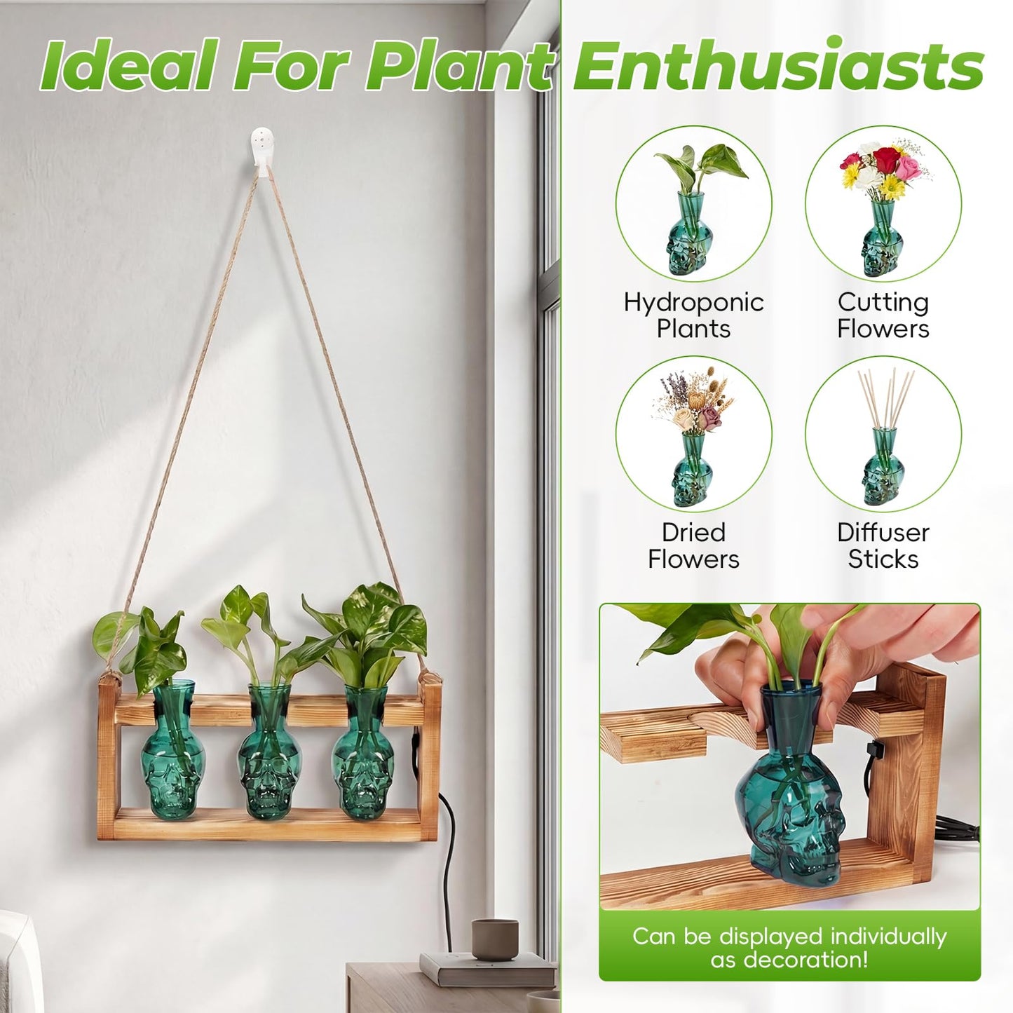 Skull Plant Propagation Station with LED Lights - Halloween Decor Skull Planter, Hydroponics Pot for Office, Unique Gifts for Women & Plant Lovers(Grey)