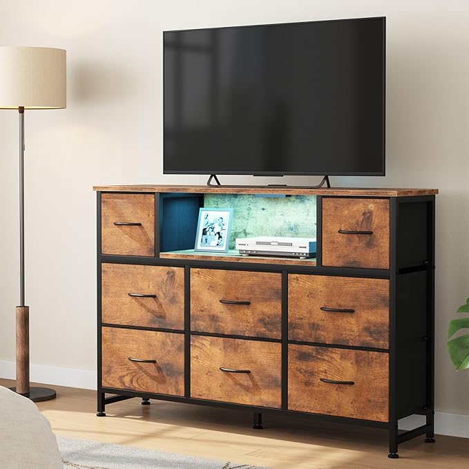 DUMOS TV Stand Dresser with 8 Fabric Drawers and Open Shelves, LED