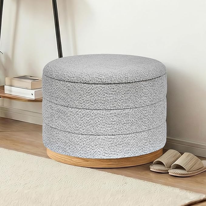 Round Storage Ottoman with Tray Lid, Folding Chenille Fabric Footrest with