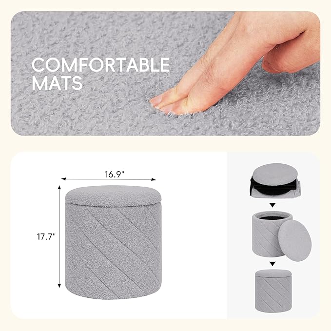 PINPLUS Ottoman with Stroage Round Boucle Ottoman and Tray Sherpa Removable