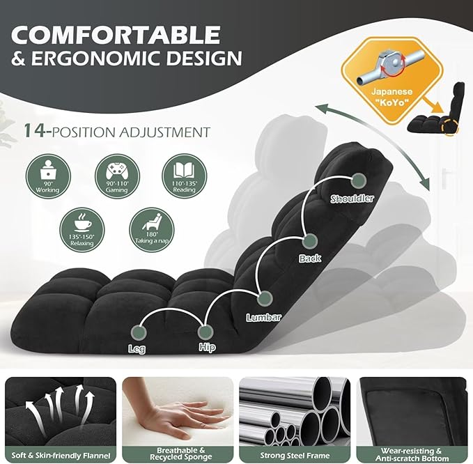 Folding Floor Gaming Chair, 14-Position Adjustable Backrest, Skin-Friendly