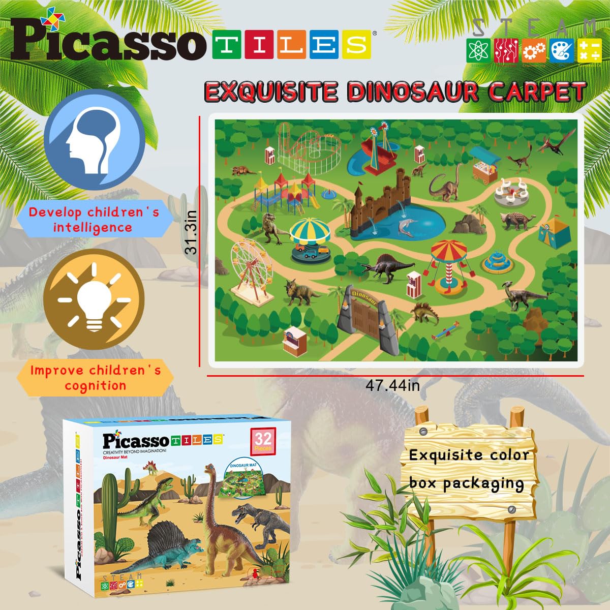 PicassoTiles Dinosaur Play Mat Toys 32pc Dino Playset STEM Activity Learning Kit STEAM Toy with Educational Book, 21 Action Figures T-Rex, Triceratops, Velociraptor, Trees, Rocks for Kids 3+ PTD11