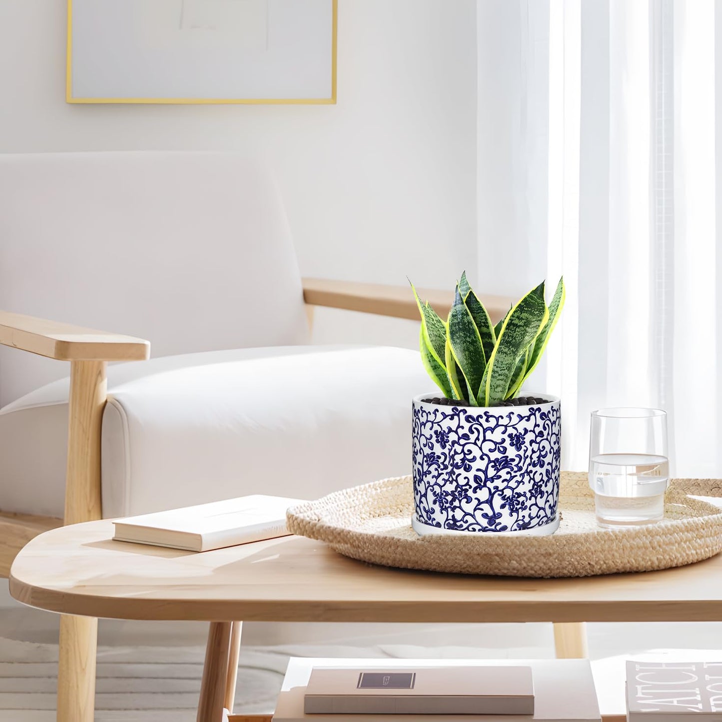 Set of 2 Blue and White Ceramic Plant Pots with Drainage Hole and Saucers, Retro Blue Porcelain Flowers Round Planters for Succulent Cactus Indoor Outdoor Garden Home Desktop Decor, 4.5+5.5 Inch