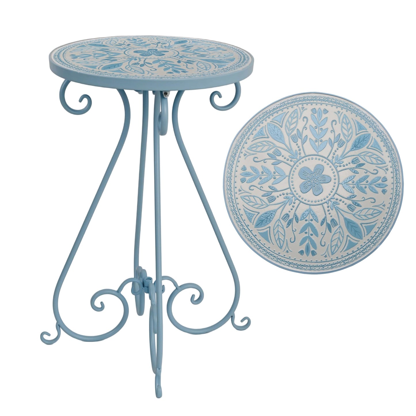 Zorvynelle Mosaic Outdoor Side Table 14" Diameter Metal Round Plant Stand Ceramic Tile Round Table Garden Patio Side Table for Flower Pots Vase Home Decor (Flower#1)