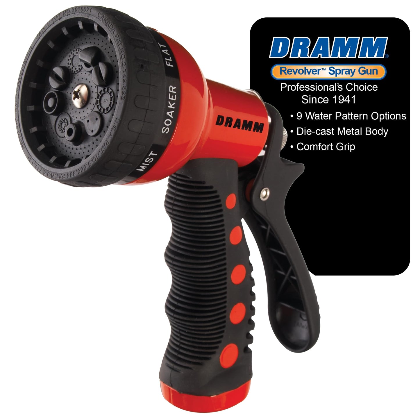 Dramm Revolver Heavy Duty Metal Garden Hose Nozzle – 9 Spray Patterns, High Pressure Jet, Thumb-Control Flow, Ergonomic Grip – Red