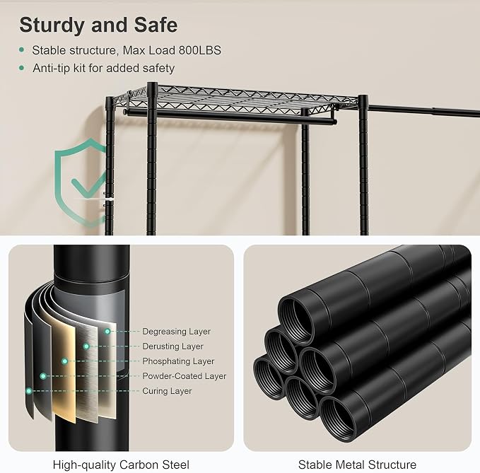 SEMHOR E01 Expandable Heavy Duty Clothes Rack, Free Standing Closet System Organizer, Adjustable Portable Carbon Steel Garment & Clothing Racks for Hanging Clothes (72.5-96"), 800LBS Max Load, Black