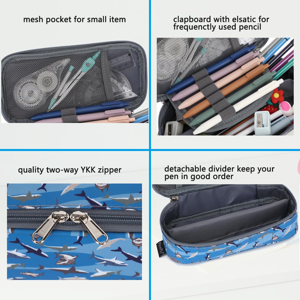 FlowFly Large Capacity Pencil Case for Kids, Boys & Girls – Zippered Multi-Functional Pen Pouch, Soft & Portable Pencil Bag for School, Teens, Students, Shark