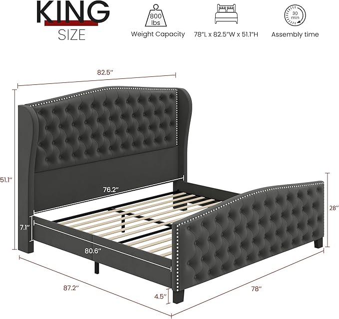 BRELTAM Upholstered King Size Bed Frame Velvet Tufted Bed Frame
