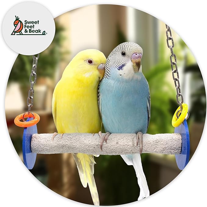 Sweet Feet and Beak Roll Bird Swing - Pumice Perch Bird Toys Trims Nails and Beaks, Safe Bird Cage Accessories for Small and Large Birds, Swinging Toys Birds Will Love, Large 10.5 Inches - Blue