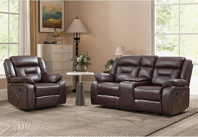 EBELLO Manual Recliner Sofa Set, Faux Leather Reclining Living Room Furniture