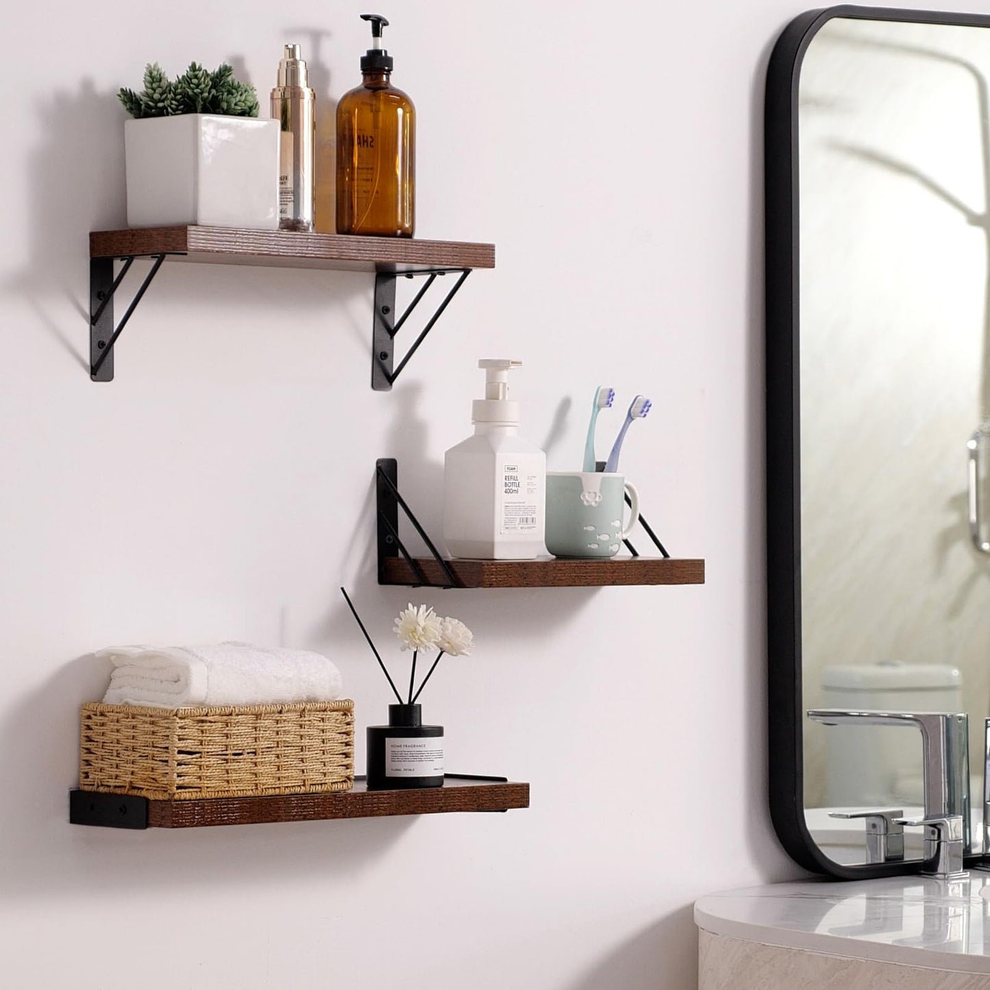 BAYKA Wall Shelves for Bedroom Decor, Floating Shelves for Wall, Display Mounted Rustic Wood Shelf for Books,Plants,Corner Shelves for Bathroom,Kitchen,Living Room(Rustic Brown,Set of 3)