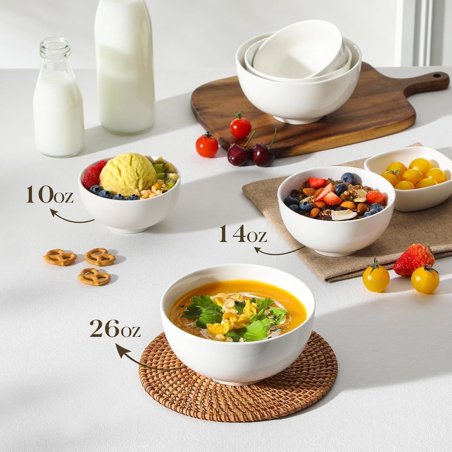 MALACASA 26 OZ Porcelain Soup Bowls Set of 4, White Ceramic Bowls for Kitchen, Cereal Bowl for Oatmeal, Fruit, Salad, Ramen and Rice Bowl -Dishwasher & Microwave Safe Bowls