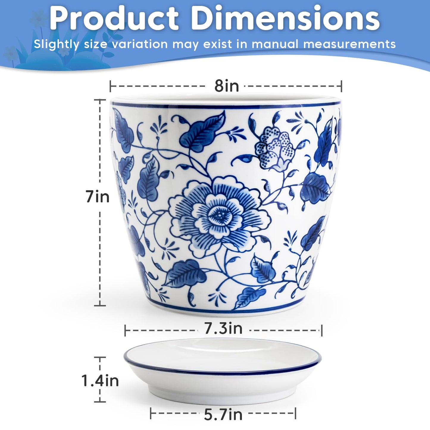 HakkaGirl 8 inch Ceramic Planters for Indoor Plants, Chinoiserie Decor Ceramic Pots for Plants Flower Plant Pots Indoor with Drainage and Saucer, Blue and White
