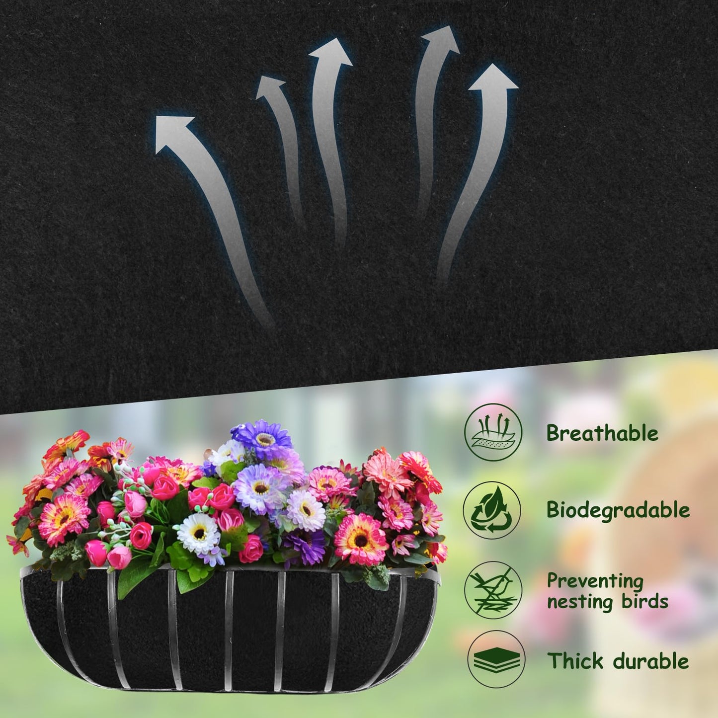 2PCS 30 Inch Window Box Liner Fabric Planter Basket Liner Trough Planter Insert Liner Black Hanging Flower Basket Liners Non-Woven Felt Plant Liner for Planters Fence Garden - Avoid Bird Nesting