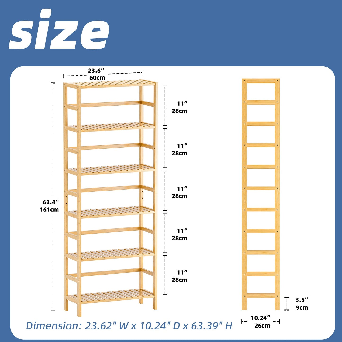HITNET Bamboo Shelf, 6-Tier Adjustable Tall Open Bookcase, Bathroom Storage Rack Freestanding Shelving Unit, Plant Display Stand for Small Space, Natural