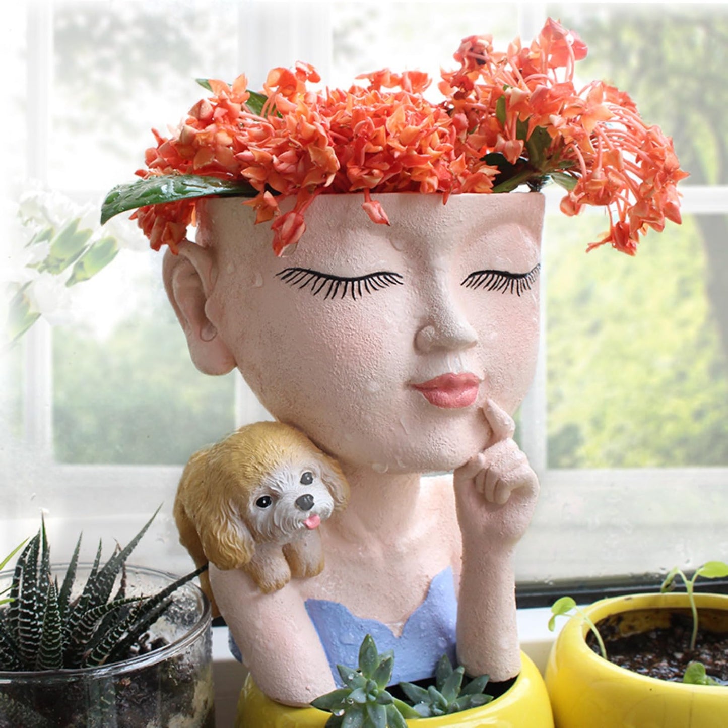 Face Planters Pots Cute Closed Eyes Girl and Dog Succulent Planter Unique Head Planter for Outdoor Indoor Planter Female Bust Vase - with Drainage Hole