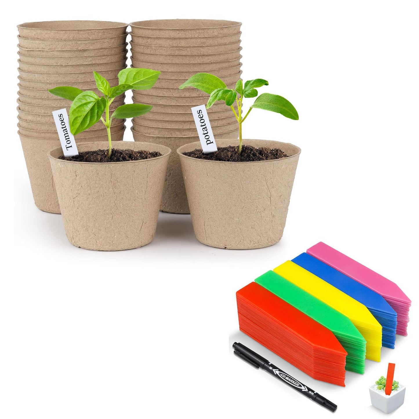 homenote Peat Pots, 4 Inch Seed Starting Pots with Drainage Holes Round(30 Pcs) with 4 Inch Plastic Plant Labels Waterproof Plant Tags(200 Pcs)