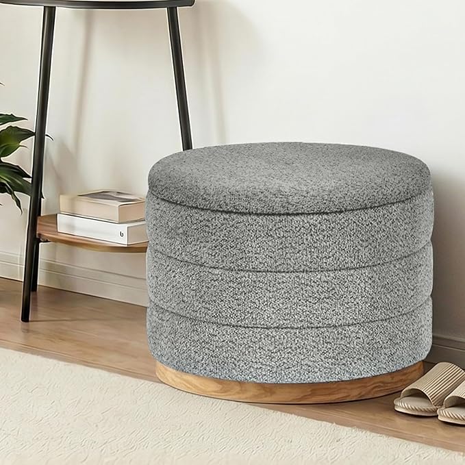 Round Storage Ottoman with Tray Lid, Folding Chenille Fabric Footrest with