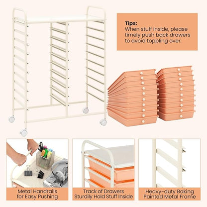 Giantex 20 Drawers Rolling Cart, Mobile Storage Drawer Cart, Classroom Organizer for Office School Supplies Tools Scrapbook Paper Craft Small Printer, Utility Stand on Wheels, Peach