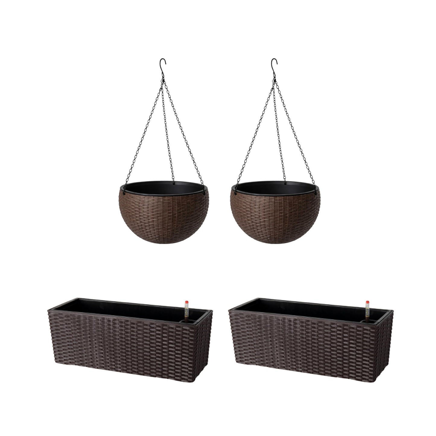 LaLaGreen Bundle- 2 Pack, 11 Inch Brown Hanging Plastic Basket + 2 Pack, 20 Inch Self Watering Planter with Bracket Rattan Style Window Plants Boxes Balcony Fence Porch Deck Modern Flower Pots Outdoor