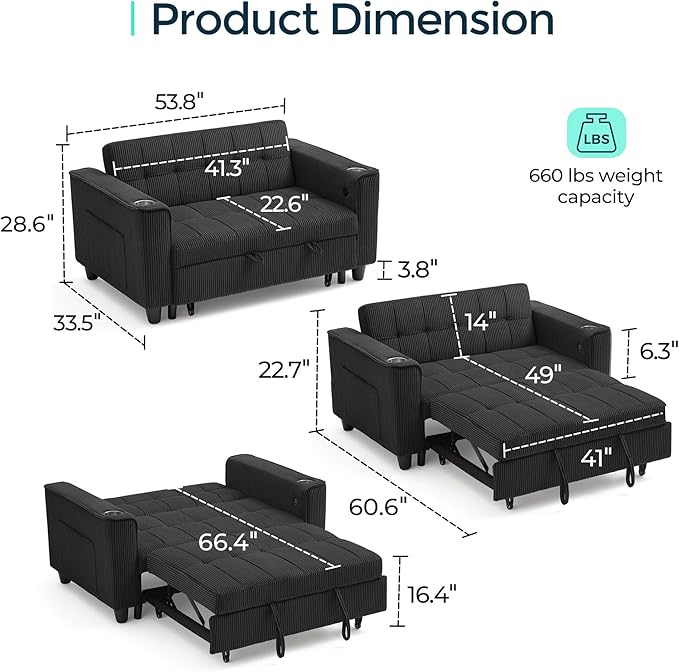 LINSY Sleeper Sofa Bed, Small 3 in 1 Convertible Loveseat Sleeper Couch