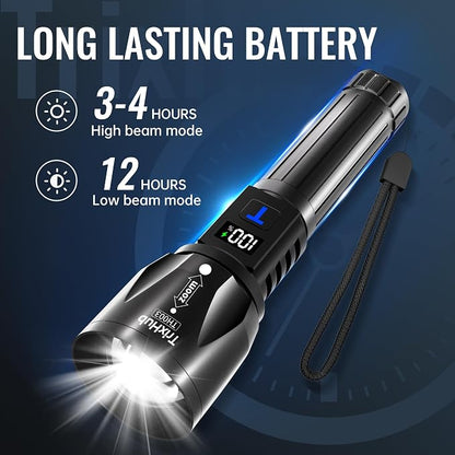 TrixHub Rechargeable Flashlights High Lumens 2Pack, 5Mode Flash Light with LCD Digital Display, Super Bright Adjustable Tactical Flashlight, High Powered LED Handheld Flashlight for Home