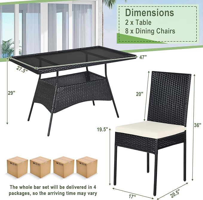 Tangkula 10 Pieces Wicker Patio Dining Set, Outdoor Rattan Table & Chairs Set