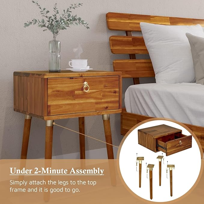 Bme Caden Solid Wood Nightstand/Side Table/End Table, Fully Assembled,