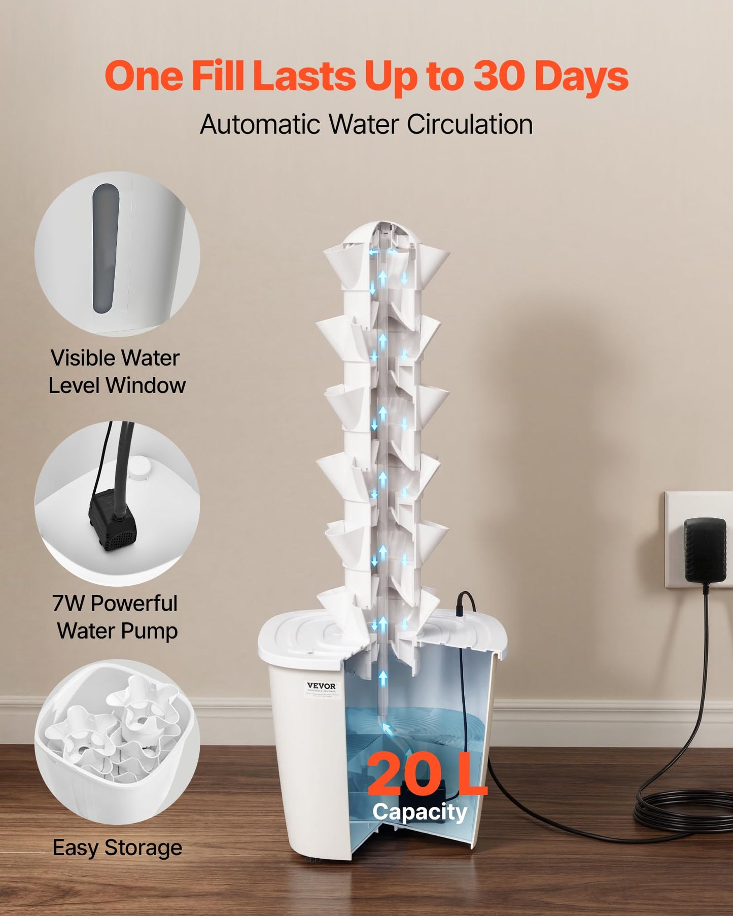VEVOR Hydroponic Tower, 30 Pods 6 Tiers Hydroponics Growing System Kit with App Control, Vertical Home Garden with 20L Water Tank & Pump, Planter Germination Kit for Indoor Herbs, Fruits, Vegetables