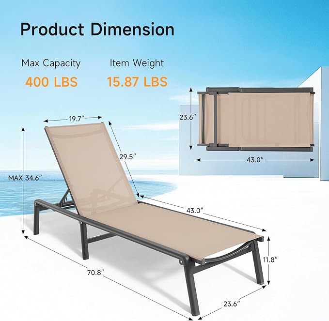 ONBRILL Aluminum Chaise Lounge Chair Outdoor, Foldable & Assembly Free Outdoor