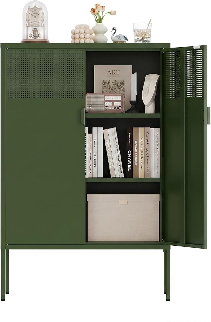 Metal Storage Cabinet, 2 Door TV Stand, Metal Mesh Accent Cabinet, Magnetic