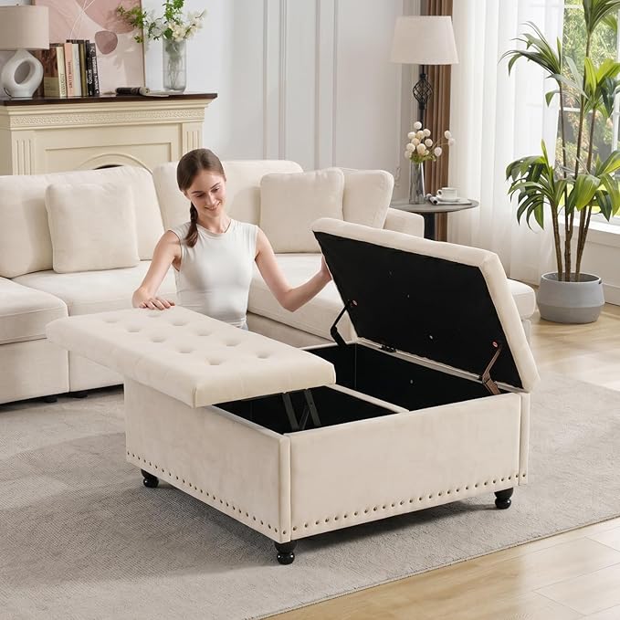 Tbfit Large Square Storage Ottoman Bench, Tufted Upholstered Coffee Table