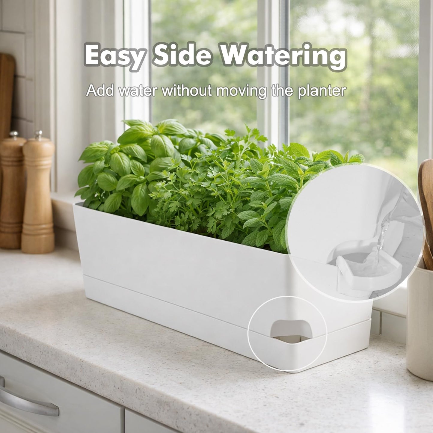 Party Zealot Window Boxes Planters, 3 Pack Self Watering Pots for Indoor Plants 17 Inch Rectangular Planter Rectangle Flower Pots Long Plant Pot Large Window Sill Herb Planter Box, White