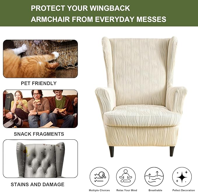 HAOYONG Wingback Chair Slipcovers Elastic Jacquard Wing Chair Covers 2 Pieces
