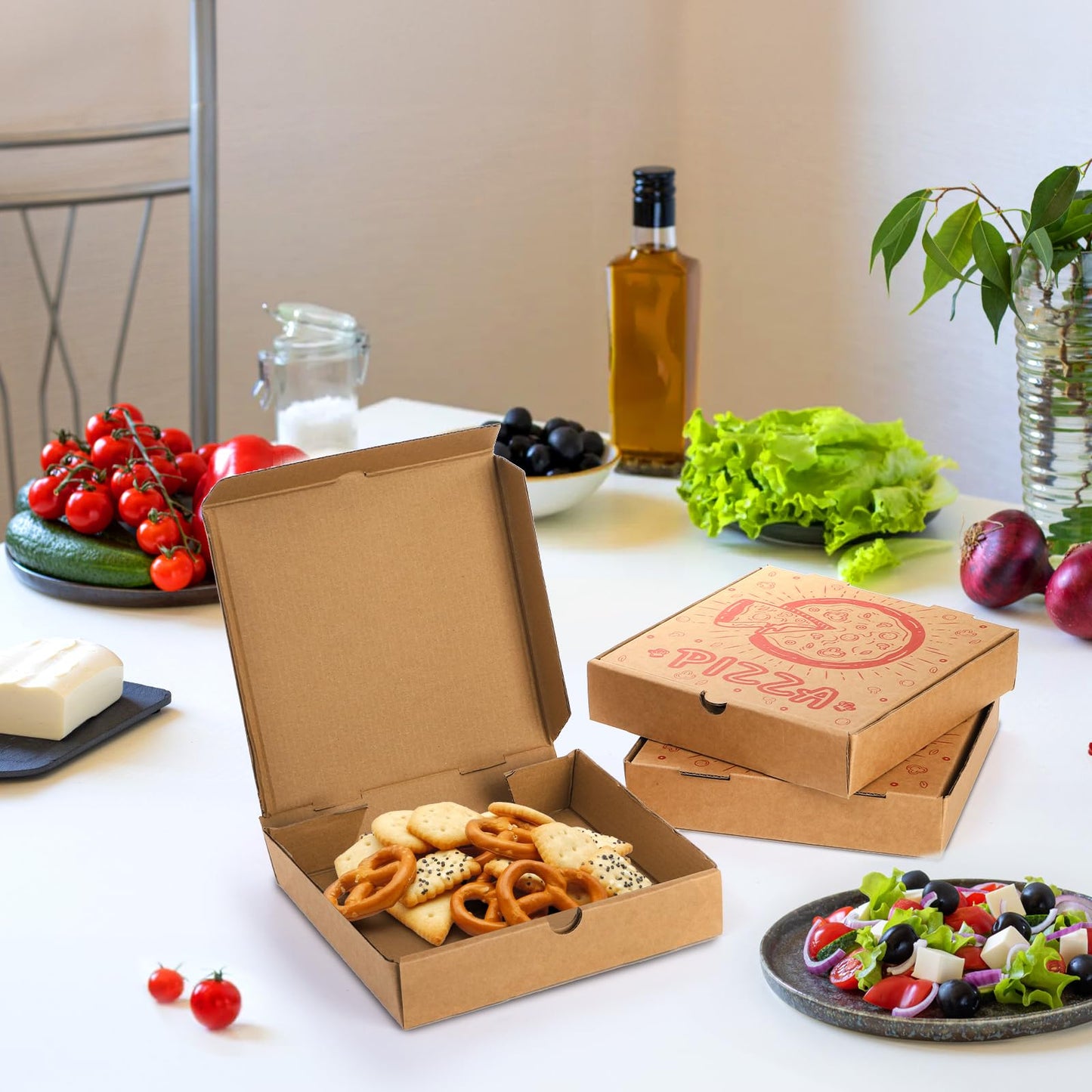 ZEAYEA 40 Pack Small Pizza Boxes, 7.3" L x 7.3" W x 1.6" H Cardboard Food Delivery Boxes, Kraft Take Out Food Containers, Takeaway Packaging Boxes for Pizza, Cookies, Cake, Party Favors, Wedding