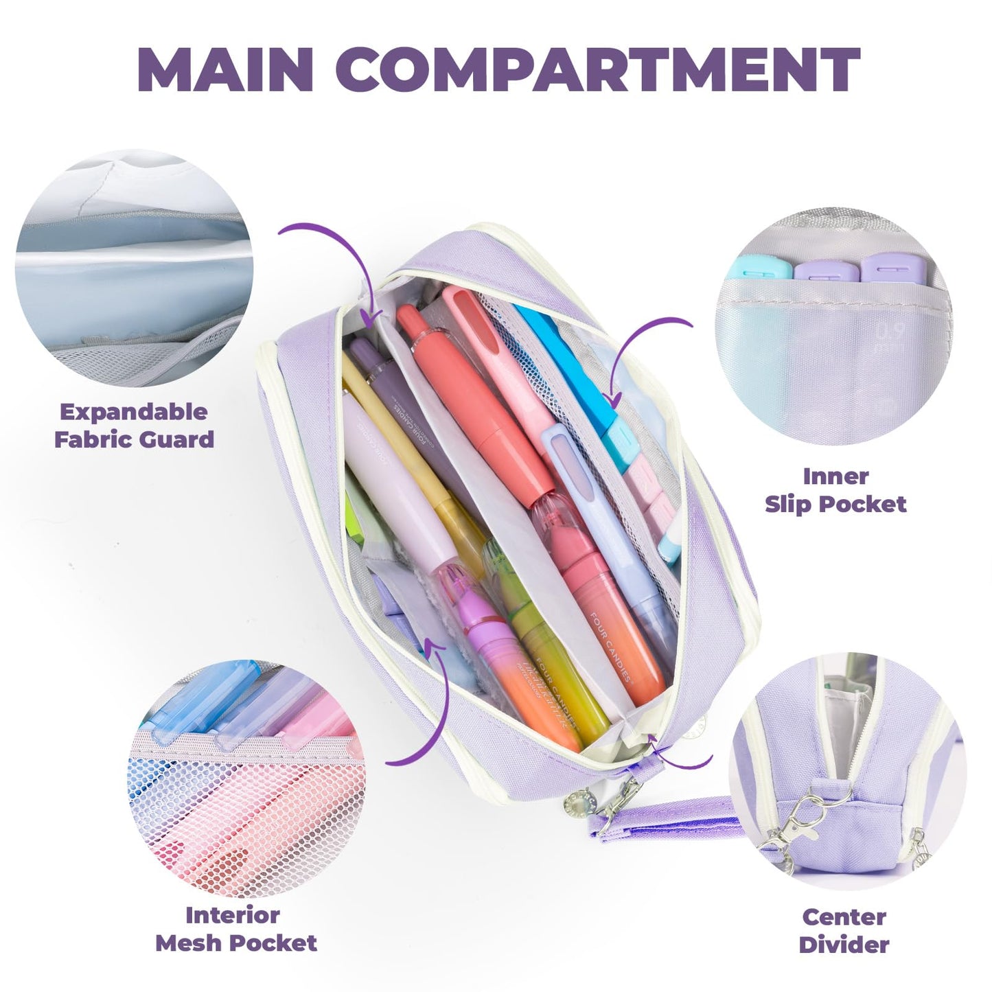 Four Candies Puple Pencil Case 3 Compartment Pouch, Large Pencil Case for School, Girls, Teen Boys, Women, Puple, Removable Handle & Zipper, Cute Pencil Bag for Office, College
