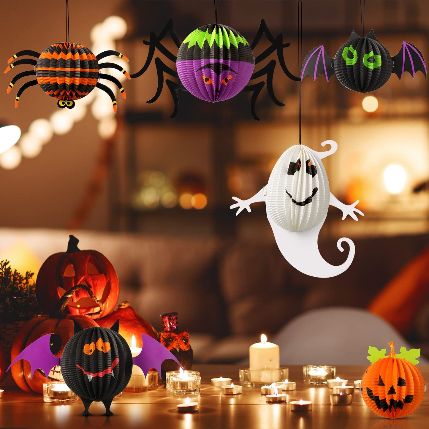 Jeyiour 6 Pack Halloween Paper Lanterns Hanging Decoration, 3D Honeycomb Spider Bat Pumpkin Paper Lantern Set, Foldable Jack O Lantern Party Decor for Indoor Outdoor Home Tree Halloween Display