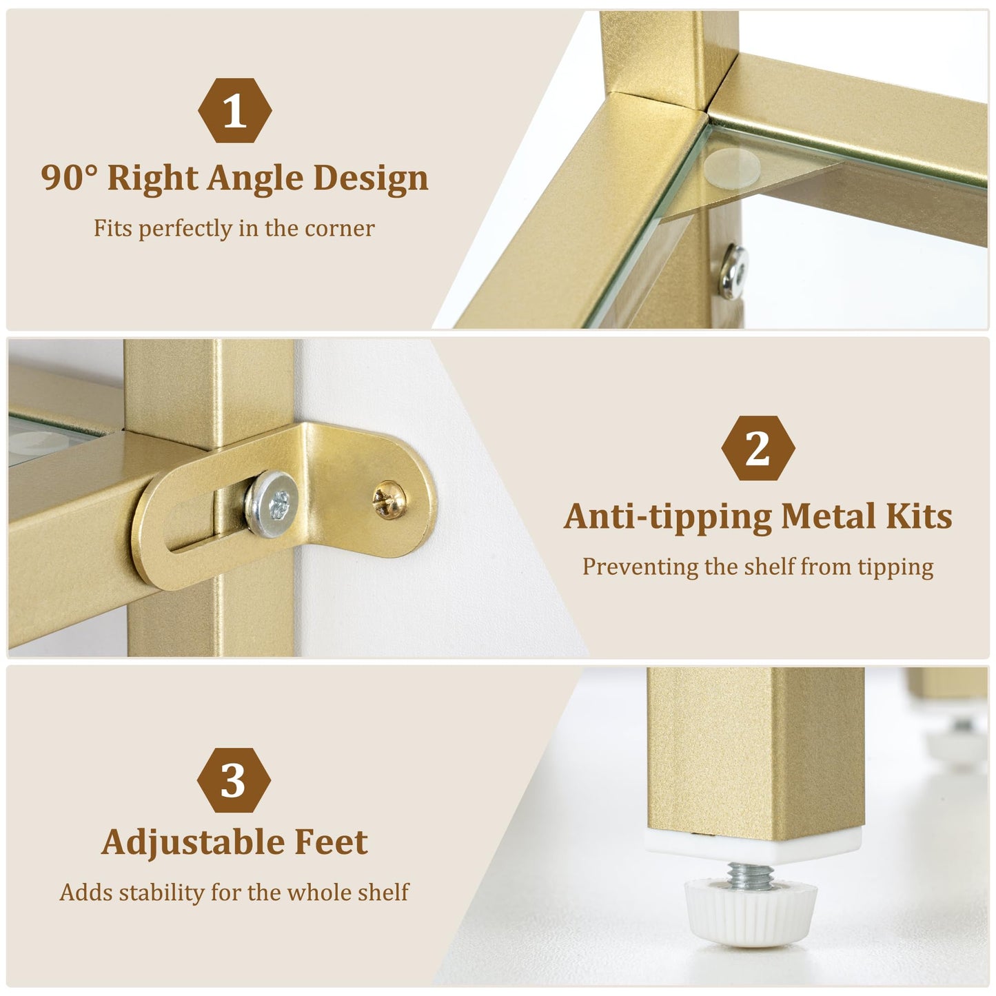 5-Tier Corner Shelf Stand, Gold Corner Bookshelf, Bathroom Storage Rack Shelf, Plant Rack, Tempered Glass, Steel Frame, Modern Style for Living Room, Bathroom, Kitchen, Metallic Gold