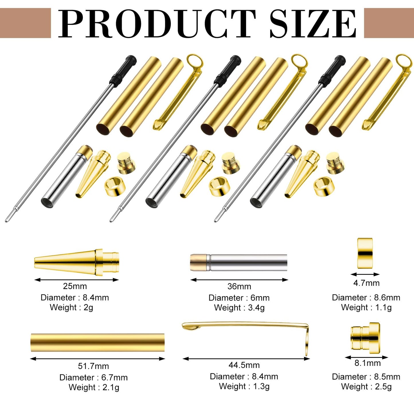 Colarr 10 Pcs Pen Kits for Wood Turning 7mm Slimline Pen Twist Kit with Refill Lathe Turning Supplies for Making Office Classroom Supplies DIY Friend Teacher Student Gifts(Gold)