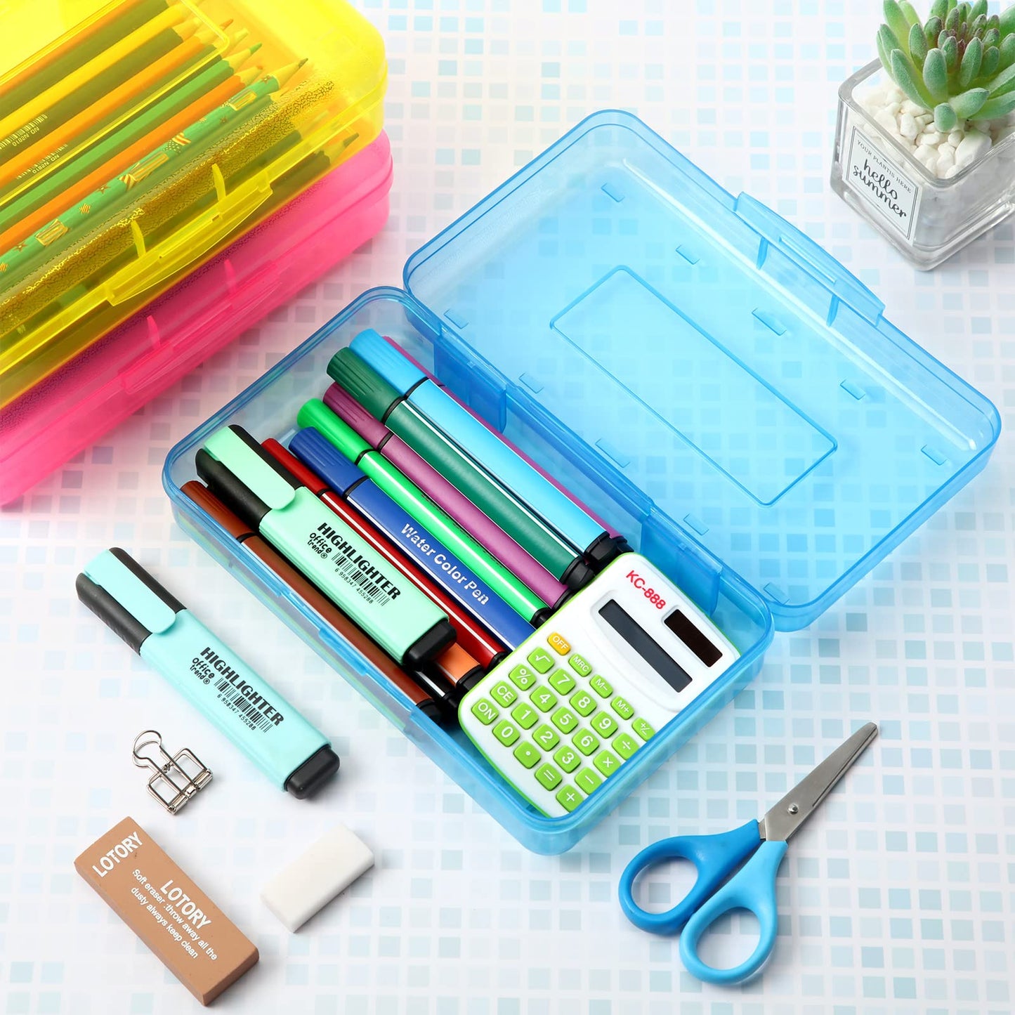 Fainne 24 Pack Pencil Boxes for School Clear Plastic Pencil Case Large Plastic Crayon Box Bulk Stackable Classroom Stationery Organizer School Supplies(Pink, Yellow, Blue)