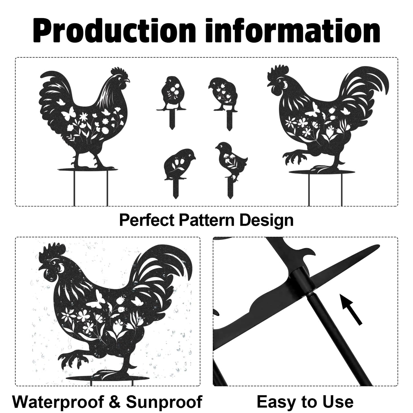 Rngmsi Chicken Metal Garden Art - 6PCS Chicken Metal Yard Art Rooster Garden Decor Outdoor Cute Hen Metal Statue Decorations Outside for Patio Decorative Lawn Stakes Statues Gifts for Friends
