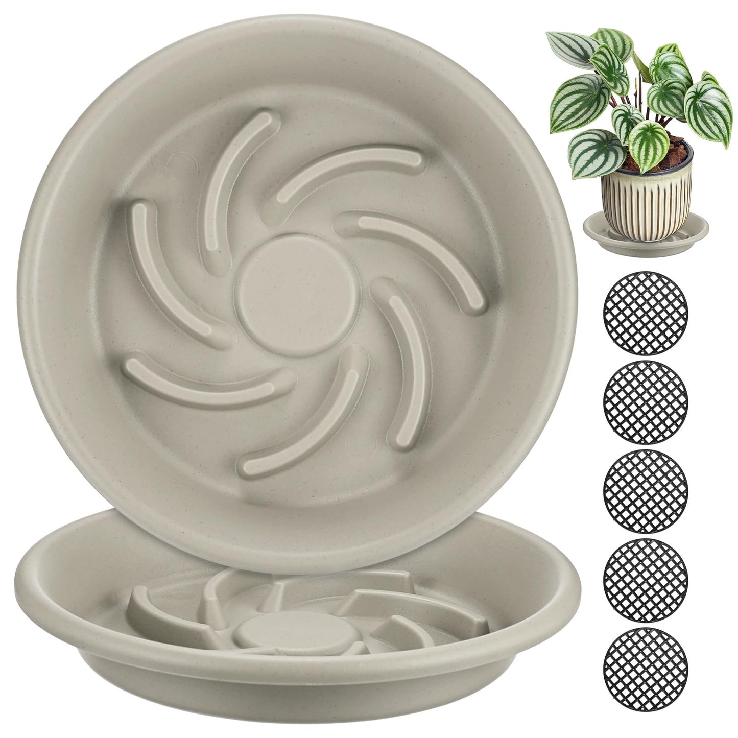 M METERXITY 2-Pack Plant Saucer, 6.5 Inch/ 16.5cm Plastic Plant Trays Thicker for Pots/Indoor/Outdoor/Water Drainage and Protection, Flowerpot Drip Tray [Grayish White]