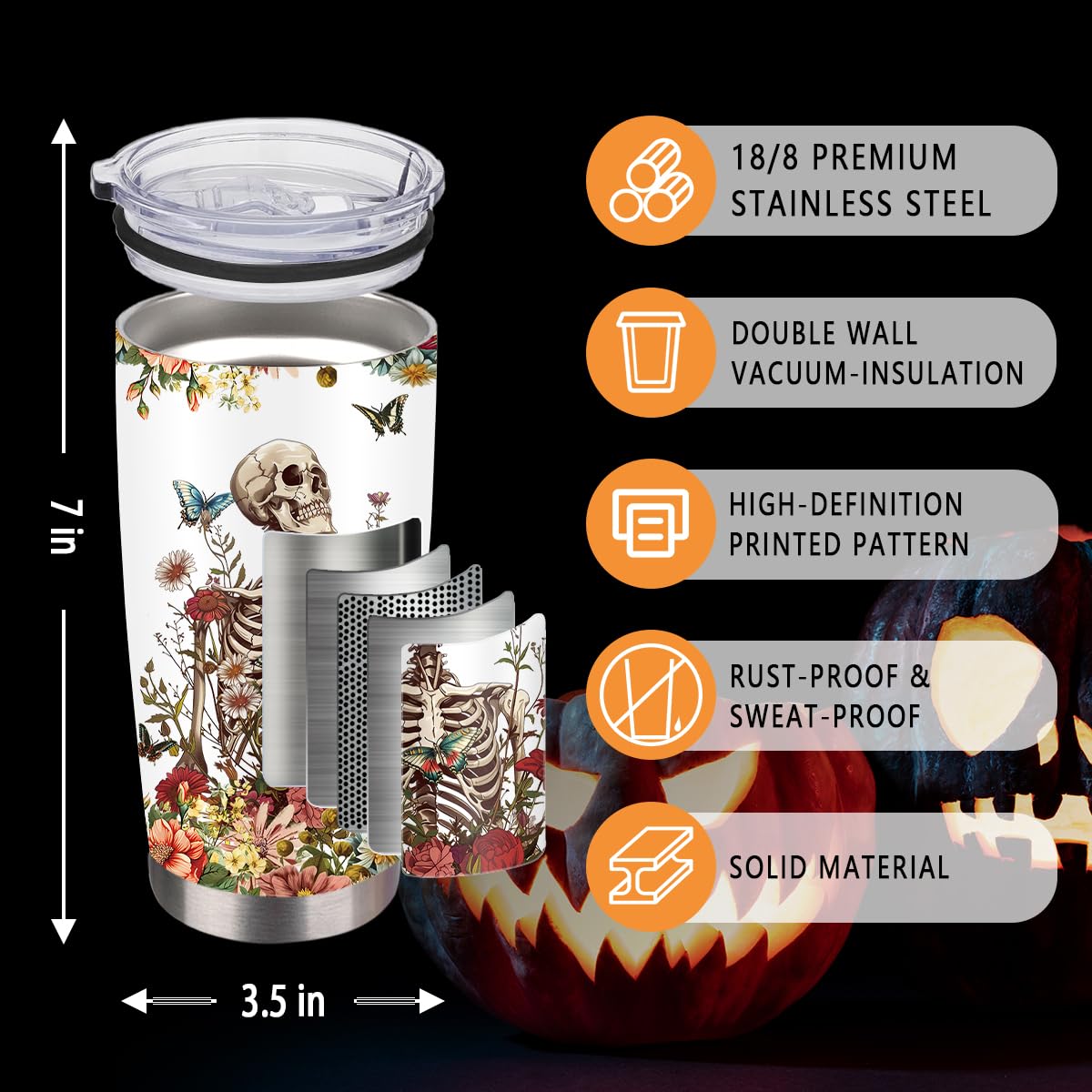 MoYueno Skull Tumbler, Horror Gifts for Skull Lover Men Women, 20 Oz Horror Wicked Spooky Flower Travel Coffee Tumbler Cup with Straw & Brush, Christmas Birthday Thanksgiving Gifts, 1 PCS