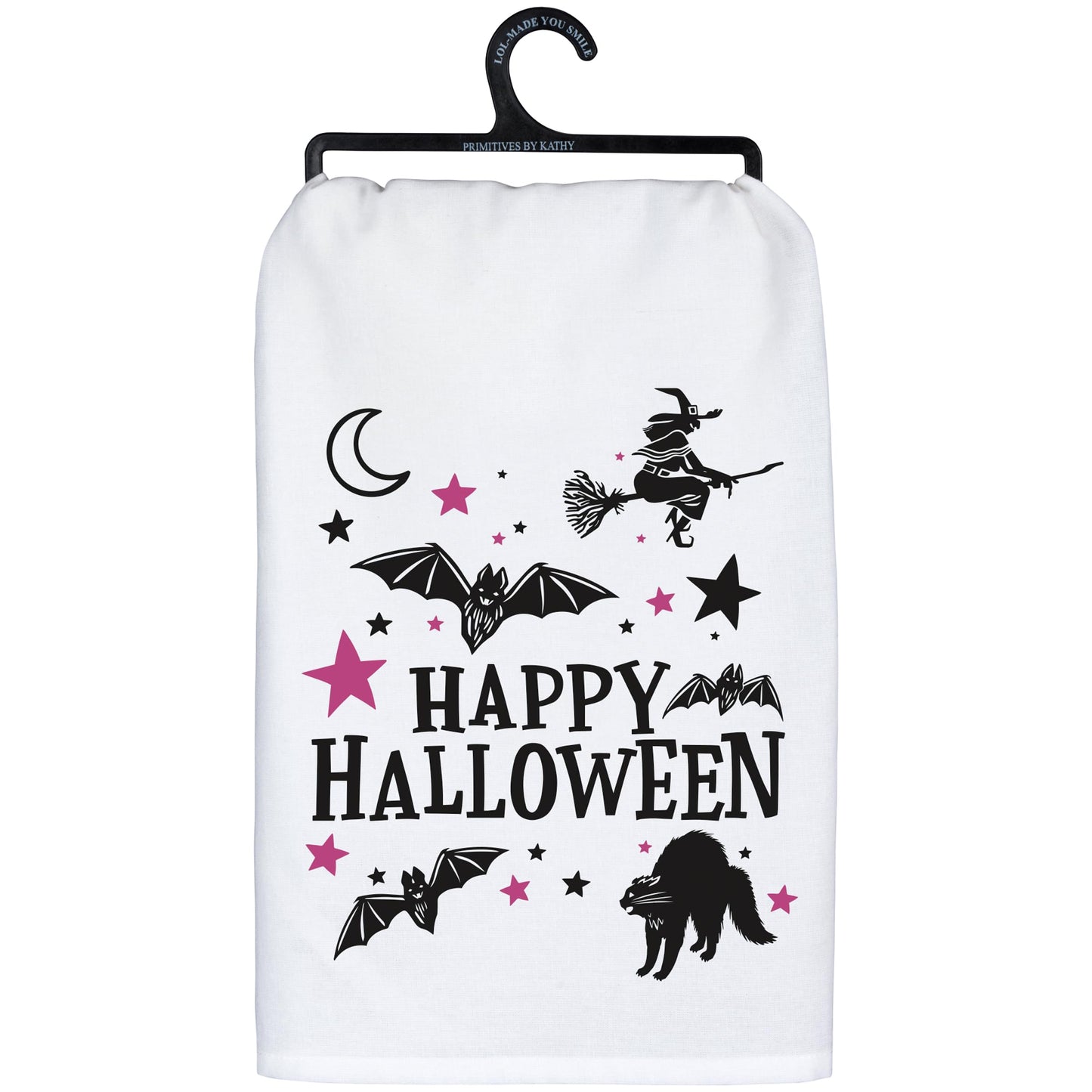 Primitives by Kathy Decorative Kitchen Towel, from Our Halloween Collection with Unique Hand Illustrated Designs of Halloween Motifs with Purple Accents and a Seasonal Sentiment Happy Halloween