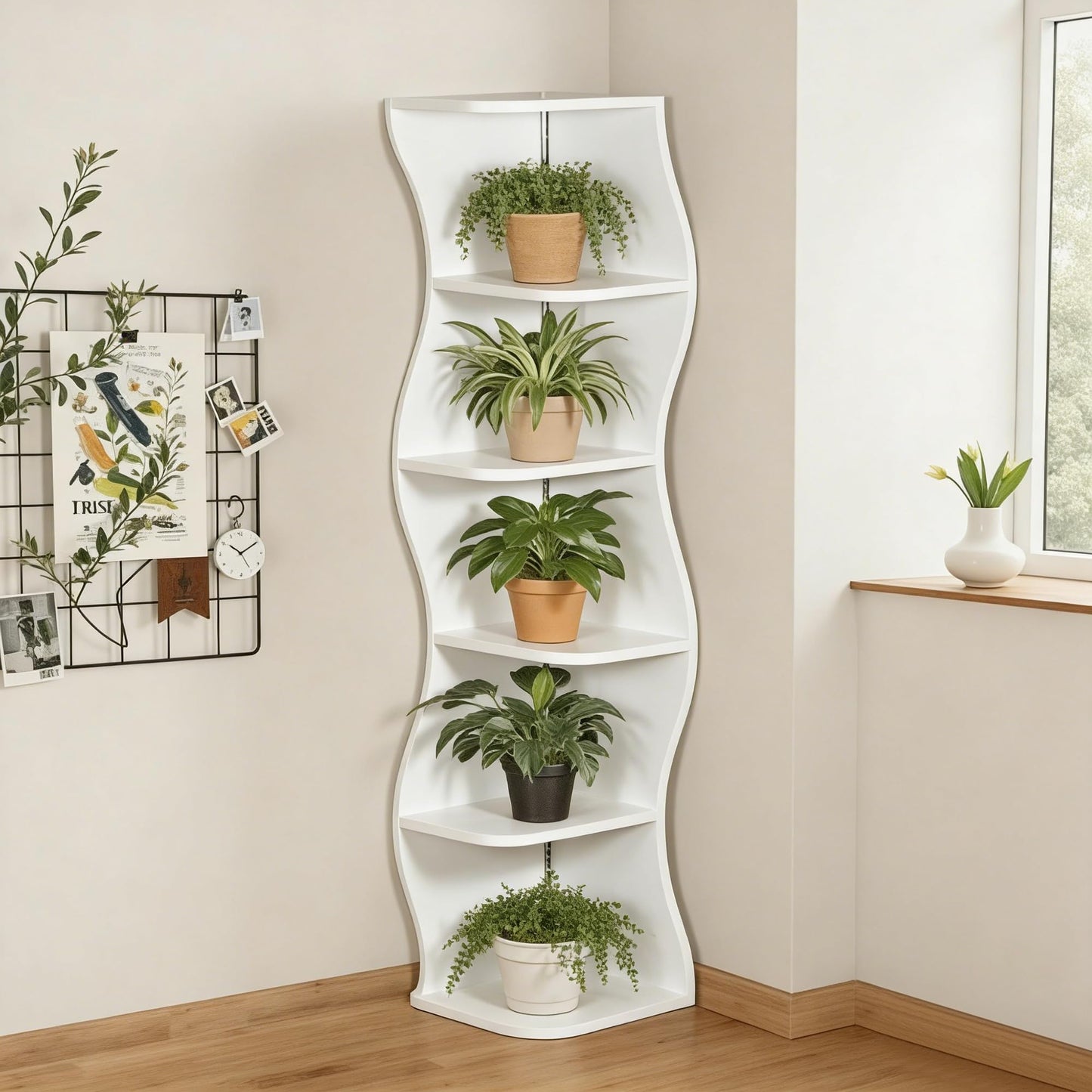 VECELO 6-Tier Wave Corner Bookcase with LED Lights, 90° Right-Angle Tall Narrow Bookshelf, Wooden Corner Display Stand Storage Shelf for Small Spaces, Living Room, Bedroom, Home Office (White)