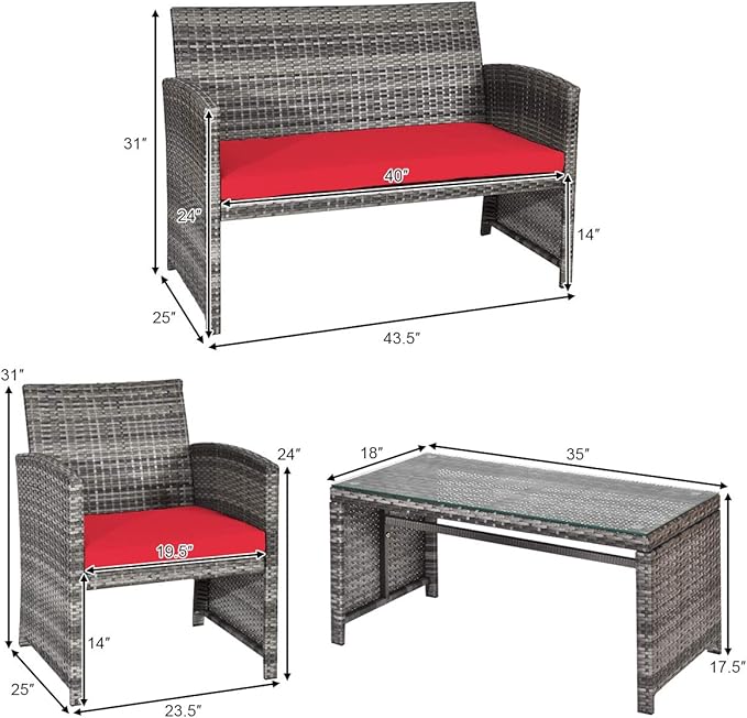 Tangkula 4 PCS Wicker Patio Conversation Set, Outdoor Rattan Sofas