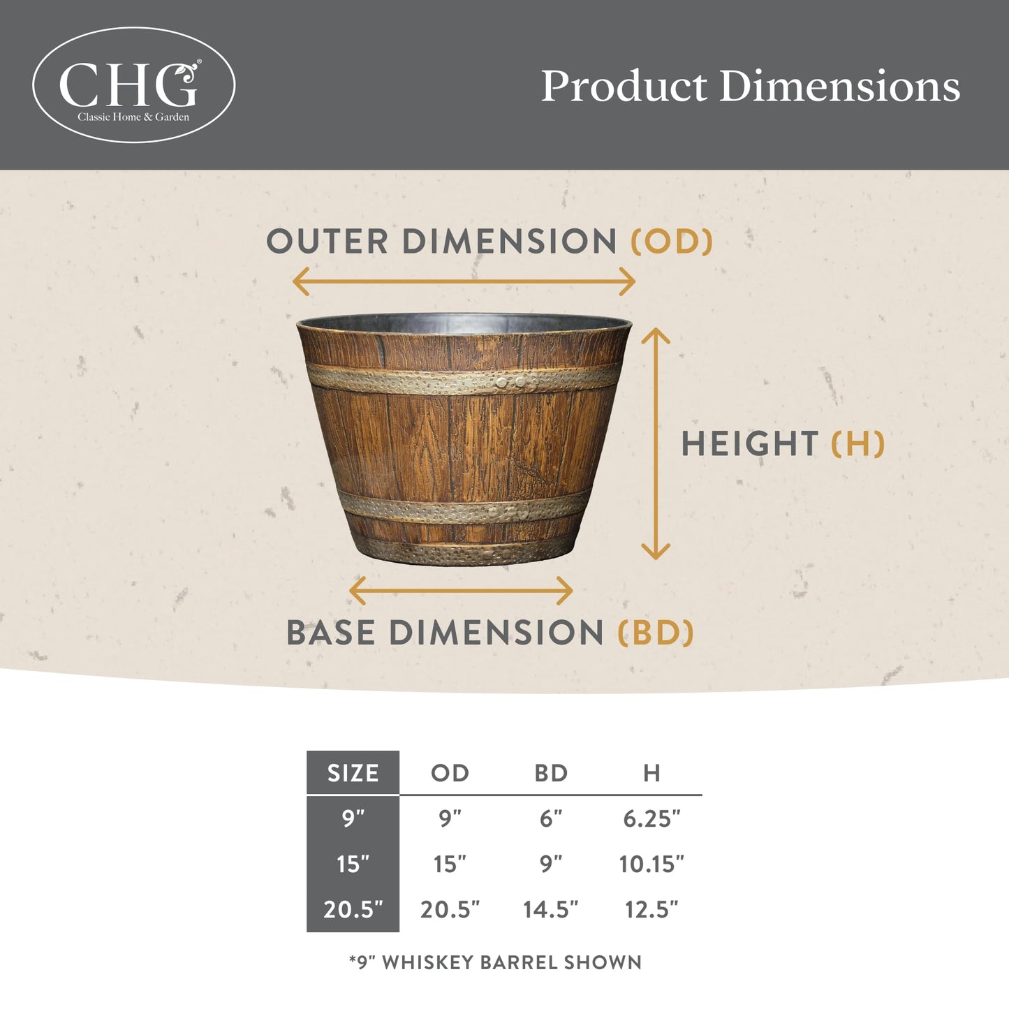Classic Home & Garden by Growscape Whiskey Barrel Planters, Wooden Finish Flower Planter Pot, Stylish Garden Pots, Indoor Outdoor Resin Planters, Weather-Resistant Plant Pot (20.5" Oak Brown, 1-Pack)