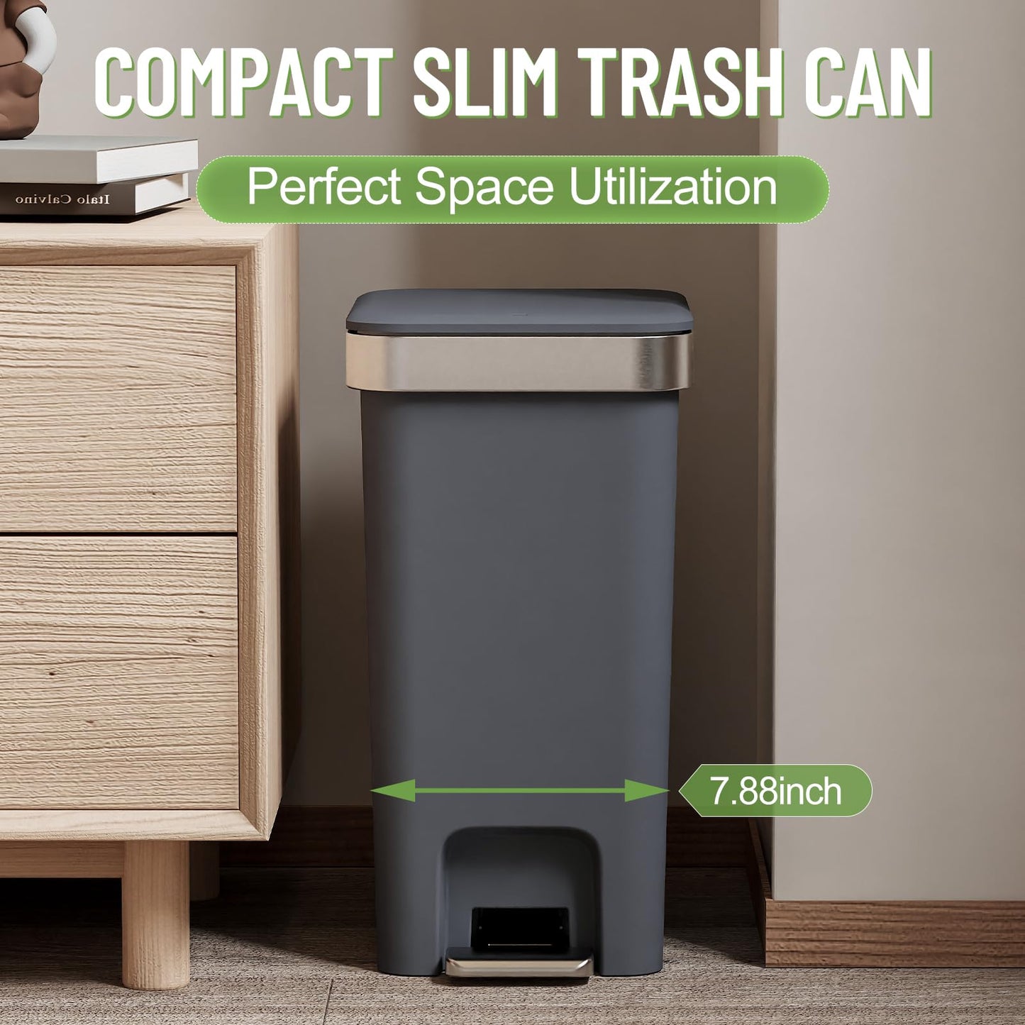 accep 2 Pack Bathroom Garbage Can with Lid, 2.6 Gallon /10 Liter Small Trash Can, Press Top Bin & Step Metal Pedal Trash Bin, Waste Basket for Bedroom, Home Offices, Small Spaces, Dorm (Black Gray)