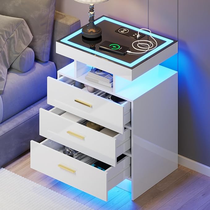 White Night Stand with Wireless Charging Station, Smart Bedside Table with 3