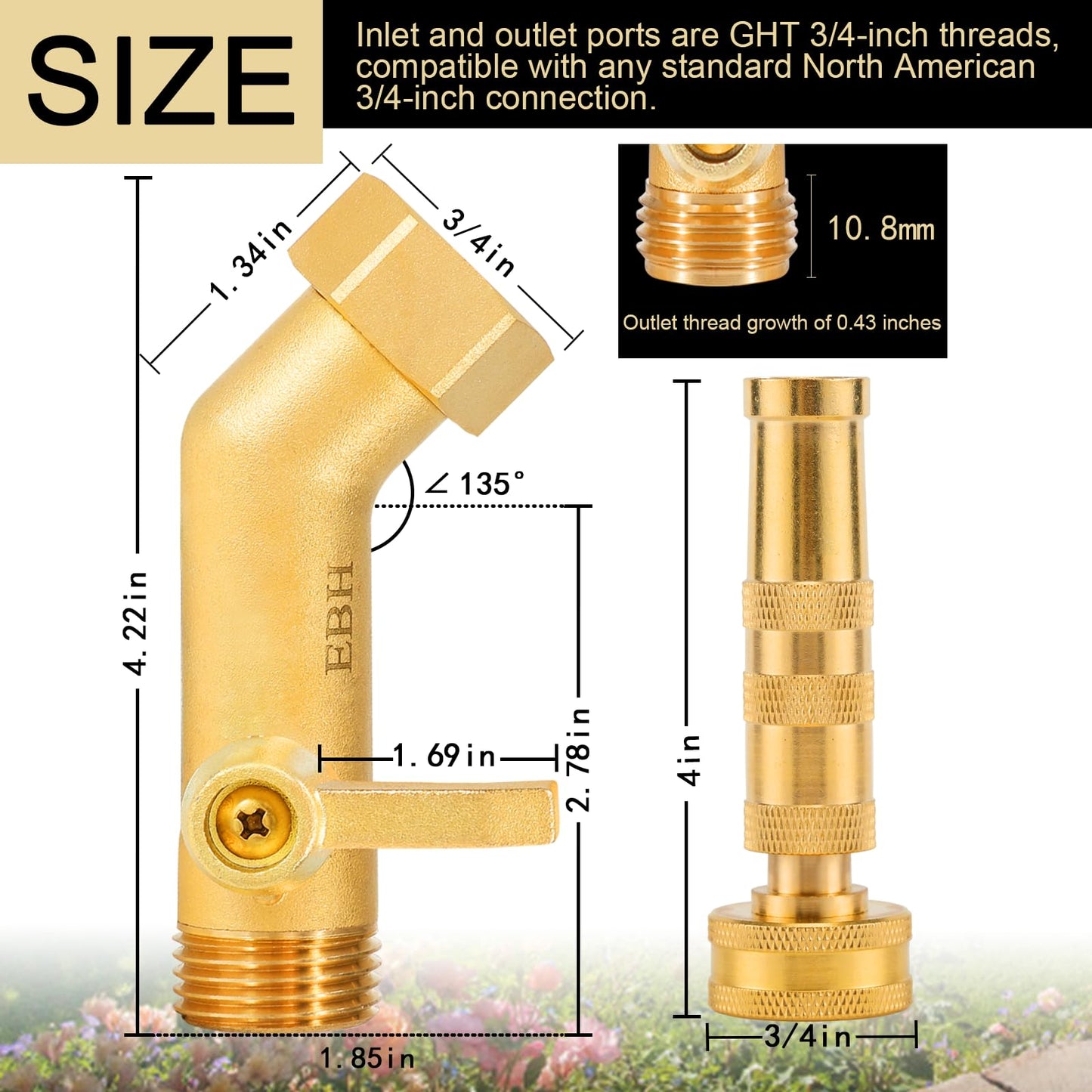 EBH Adjustable Heavy Duty Brass Garden Hose Nozzle - High Pressure Jet Nozzle, 135° Elbow and Comfort Grip with Hose Shut Off Valve, 3/4” GHT Nozzle for Garden Hoses and Car Washes